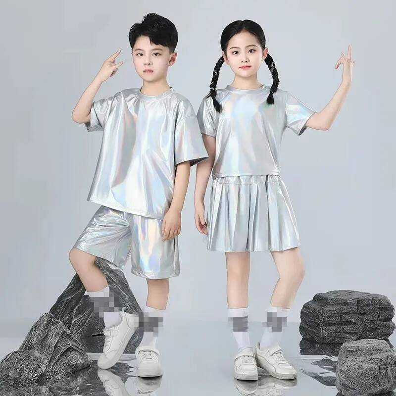 Street Fashion For Boy - Jongens en meisjes hiphopset zilverkleurig jazzdanskostuum
